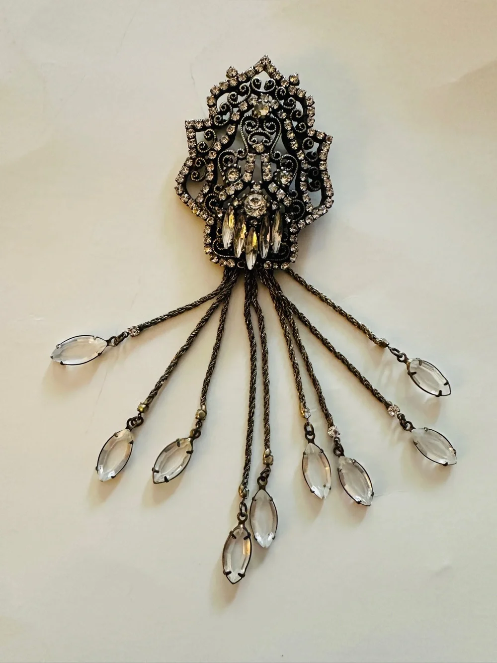 Banana Republic Broach Pin Vintage Dark Metal Filigree Chain Marquee Rhinestones